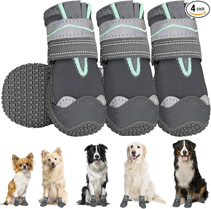 SlowTon Dog Shoes for Large Small Medium Dogs - Waterproof Dog Boots for Summer Hot Pavement, Paw Protector for Outdoor Walking Winter Snow, Anti-Slip Rubber Dog Booties for Hardwood Floor (Grey, 0)
