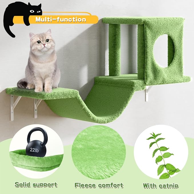 12-in-1 Cat Wall Shelves, Luxury Wall-Mounted Cat Climber Set with Condos House, Scratching Post, Bridge Ladder, Indoor Space-Saving Furniture for Kittens, Green