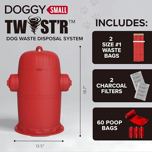 Red Rocket Doggy Twist'R Small Waste Disposal System, Dog Poop Trash Can | Odor Control, Indoor/Outdoor, Holds Up to 12 Lbs, Includes 2 Size #1 Odor Blocking Bags, 2 Charcoal Sachets, 60 Poop Bags