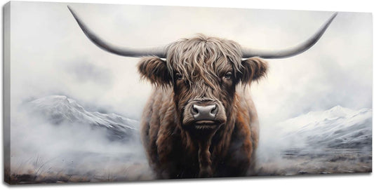 Large Highland Cow Art for living Room Highland Cow Wall Decor Rustic Canvas Cow art Animals Pictures Big Canvas Prints Painting Framed Artwork for Living Room Bedroom Office Home Office 60"x30"