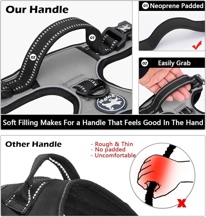 PoyPet No Pull Dog Harness Large with Front Clip & Neck Release Buckle | No Choke, Adjustable Vest, Reflective, Back Clip, Lockable, Soft Padded, Easy Control Handle for Walking Training, L, Grey