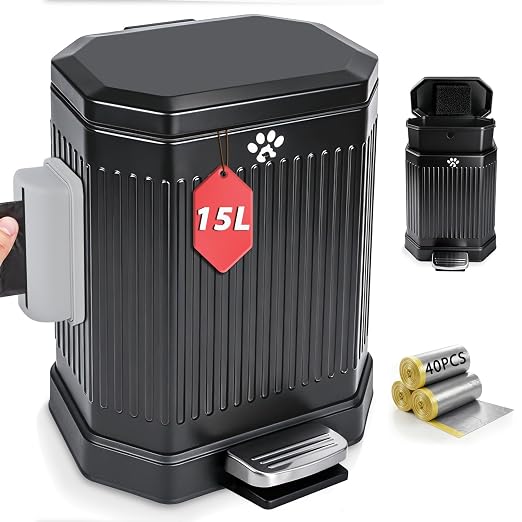 Metal Dog Poop Trash Can Outside with Odor Control Lid, 15L/4Gal Dog Waste Large Bin with Step-On Pedal, Removable Inner Bucket, Bin Bag Holder, 40 Waste Bags, Pet Waste Station for Indoor Outdoor