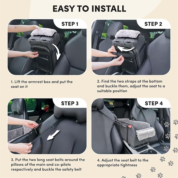 BurgeonNest Center Console Dog Car Seat for Small Pets to 11lbs, Grey | Anti-collapse armrest Console seat with washable fluffy cushion, pillow & tether for stable, cozy pet travel trips.