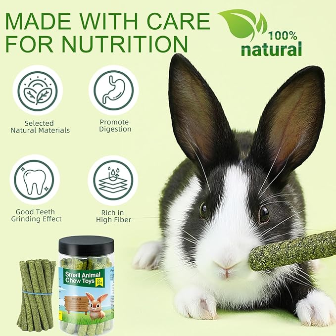 Timothy Hay Sticks for Rabbits & Guinea Pigs - 100% Natural Handmade Chew Treats for Dental Health, 30 Count Small Animal Treats for Chinchillas, Hamsters