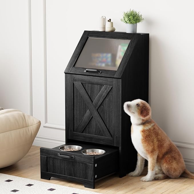 Black Dog Feeding Station with Storage & Bowls | Pet food cabinet, 2 elevated bowls, 3 hooks, glass flip cover, anti-tipping device, for dogs.