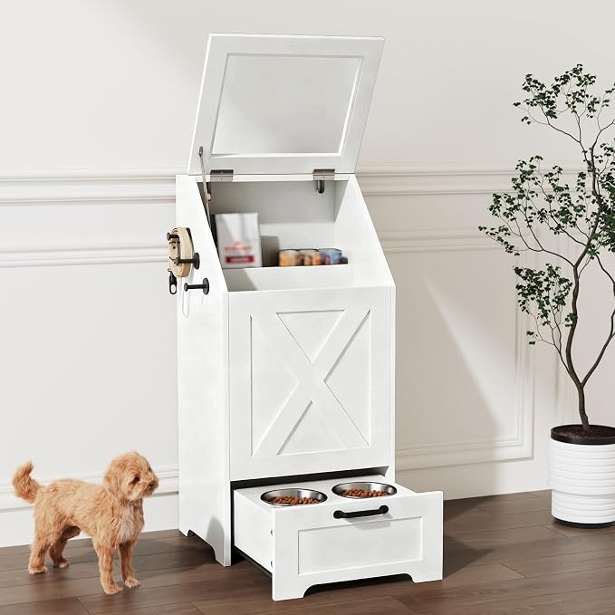 White Dog Feeding Station with Storage & Bowls | Pet food cabinet, 2 elevated bowls, 3 hooks, glass flip cover, anti-tipping device, for dogs.