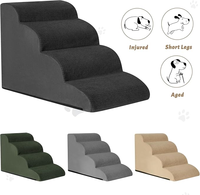 Aodisman Dog Steps for Bed or Couch,4-Step Pet Stairs Ramp for Small Dogs | 17.4" H Indoor Non-Slip Dog Stairs Help Senior Dogs,Short-Legged Breeds,Puppies and Cats to Reach Beds and Chairs,Grey,Black