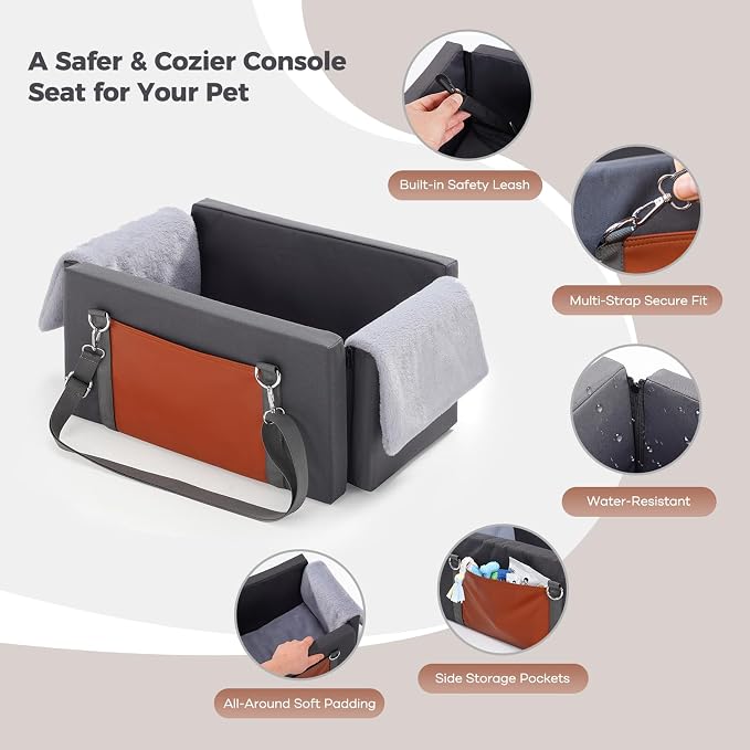 Avont Center Console Dog Car Seat for Small Dogs, Secure Armrest Pet Booster Seat with Multi-Strap Support, Washable Console Seat Bed with Storage Pocket -Dark Grey