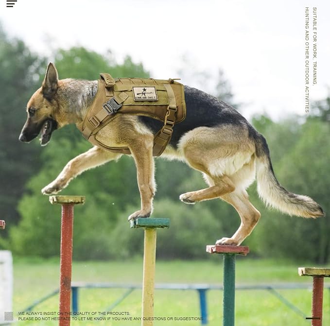 Tactical Service Dog Vest Harness K9 Military Molle Dog Vest for Outdoor Training Pet Harness with Rubber Handle & Metal Buckle (XL=(Neck 21.5"-24.5")(Chest 28.4"-30"), Khaki)
