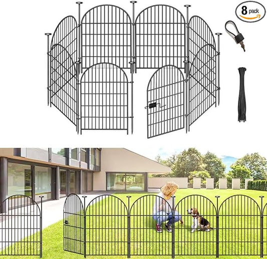 ADAVIN Garden Fence Animal Barrier with Gate 40 in(H)×17.5 Ft(L) 8 Panels,Rustproof Metal Wire Tall Fencing Border for Dogs Rabbits,Outdoor no dig pet Fences,Black Flower Edging for Yard,Arched