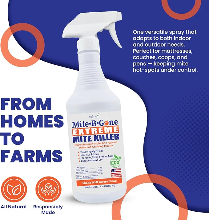 Mite-B-Gone Extreme Mite Killer Spray, 32 oz – Extra-Strength Surface Treatment for Bedding, Furniture, Carpets, Home & Pet Use – Plant-Based, Made in USA