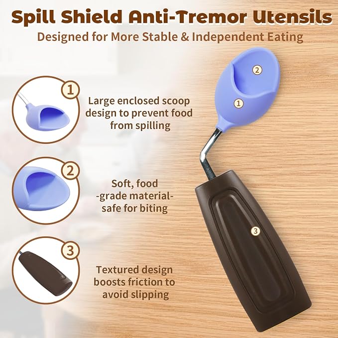 Anti-Tremor Spill Shield Spoon for Hand Tremors Parkinsons, Weighted Adaptive Utensils with Large Enclosed Scoop, Ergonomic Non-Slip Handle, Dishwasher Safe (Black, Left Spoon)