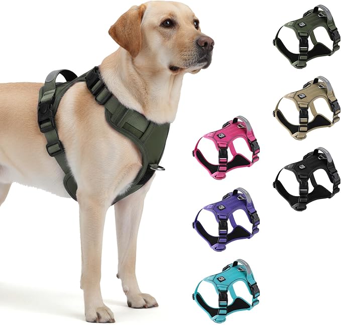 Heavy Duty Tactical Dog Harness for Medium Dogs, No Pull Dog Harness with Handle & Front Clip, Reflective Soft Padded, Hook and Loop Panel, Dog Vest for Walking, Service Training, Army Green