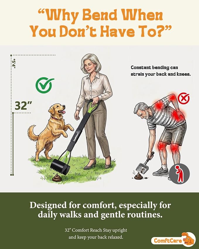 32" Long Handle Pooper Scooper – No Bending Required, Easy & Clean Pickup for Dog Owners, Comfortable Grip Heavy Duty Scoop for Yard, Grass & Walks