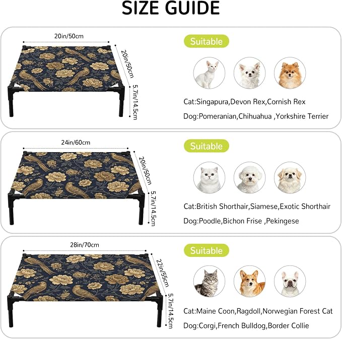 Outdoor Elevated Dog Bed for Small Dogs, Vintage Flowers Breathable Cooling Raised Dog Cot for Indoor/Outdoor, Birds on Branch Floral Elegant Plants Waterproof Elevated Pet Beds, S 20 x 20 in