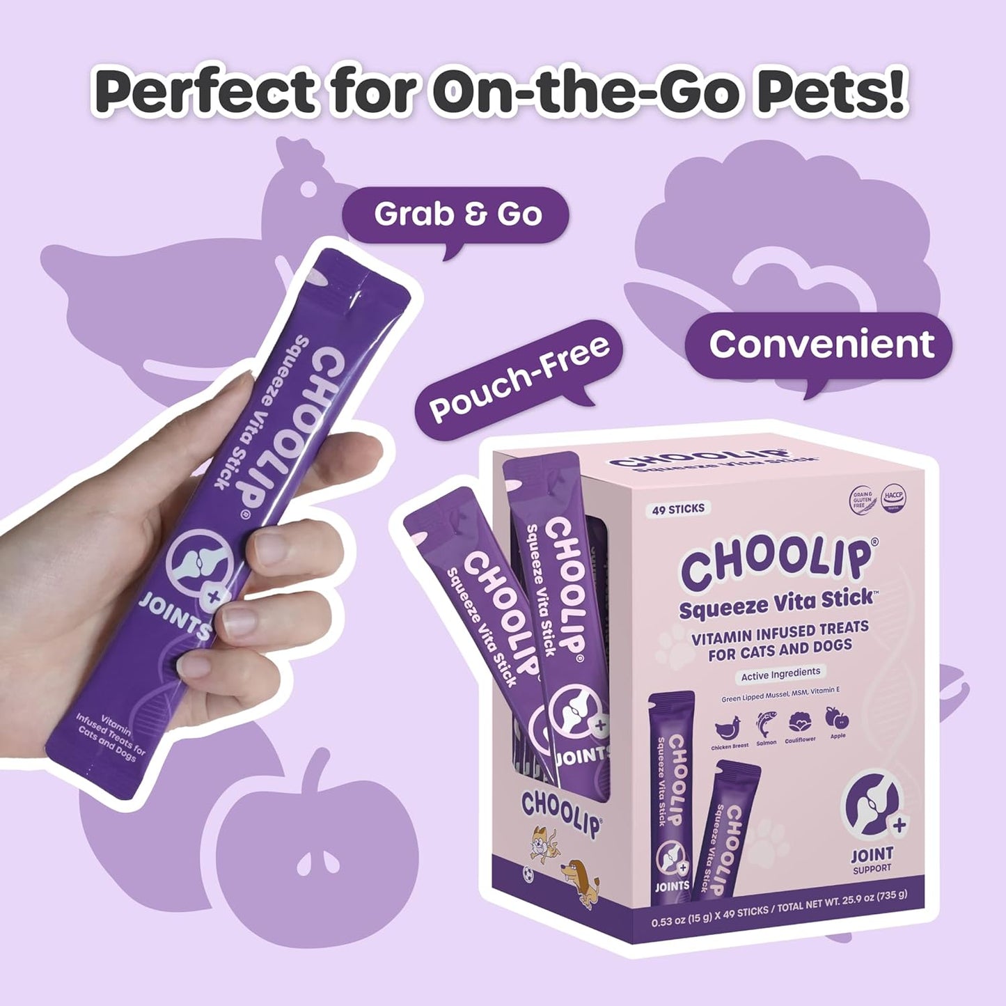 Grab & Go Squeeze Vita Stick Lickable Treats for Dogs & Cats. 49 Joint Support Sticks with Essential multivitamins. Soft and Tasty Paste for All Life Stages, Supporting Joints Health