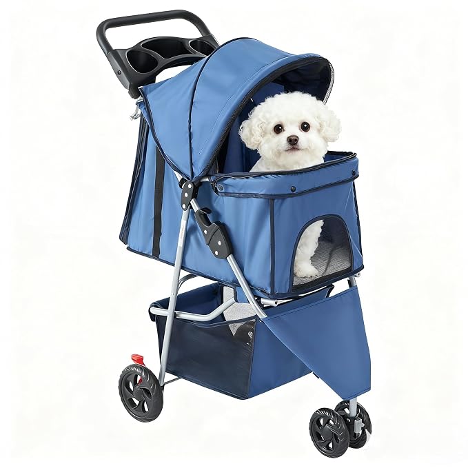 3 Wheels Pet Stroller,Storage Basket and Cup Holder, Breathable Mesh, Waterproof and Foldable for Small/Medium Dogs and Cats Strollers, Lightweight Travel Carrier for Daily Walks & Outdoor，Blue