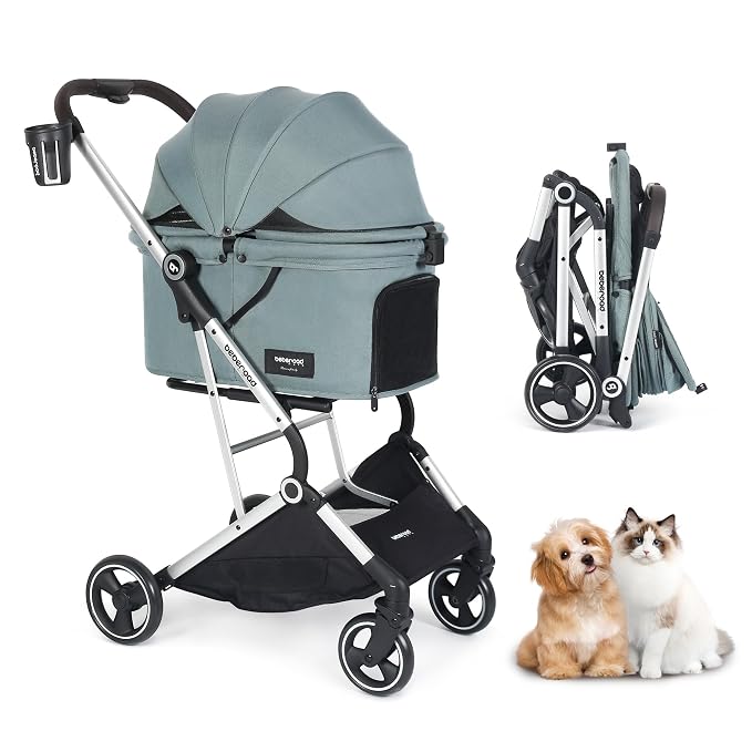 Pet Stroller Dog Cat Stroller for Small Medium Dogs Cats, 4 Wheels Travel Folding Carrier Waterproof Puppy Stroller with Pad, Canopy and Cup Holder, Green
