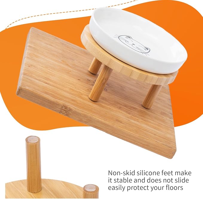 Lusifaco Shallow Elevated Cat Bowls,5.9 Inch Wide Raised Ceramic Cat Dishes with Bamboo Stand, Whisker Friendly Pet Water or Food Plates Feeding Station for Indoor Cats, Kitten(Grey,Set of 2)