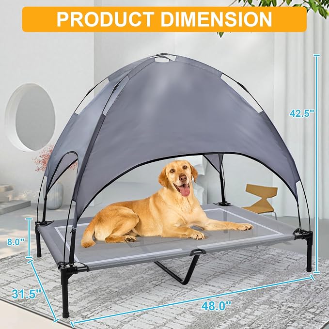 48'' Elevated Outdoor Dog Bed with Canopy, Dog Cot Beds Large Sized Dog | Outdoor Dog Bed with Canopy Medium Large Size Dogs with Ice Pack, Dog Cooling Beds, Outdoor Pet Hammock Beds, Outside Pet Bed