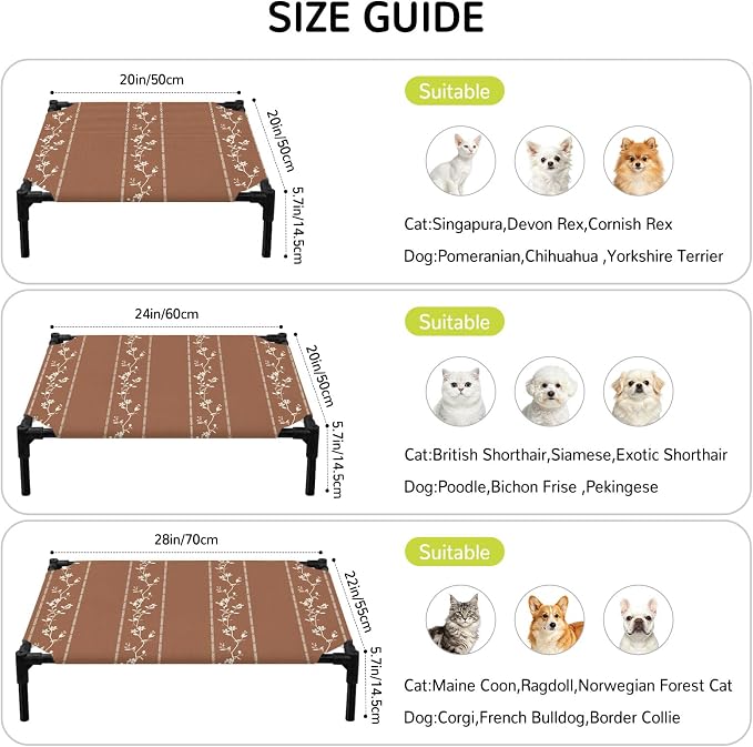Outdoor Elevated Dog Bed for Large Dogs, Brown Flowers Branch Breathable Cooling Raised Dog Cot for Indoor/Outdoor, Spring Summer Farmhouse Botanical Waterproof Elevated Pet Beds, L 28 x 22 in