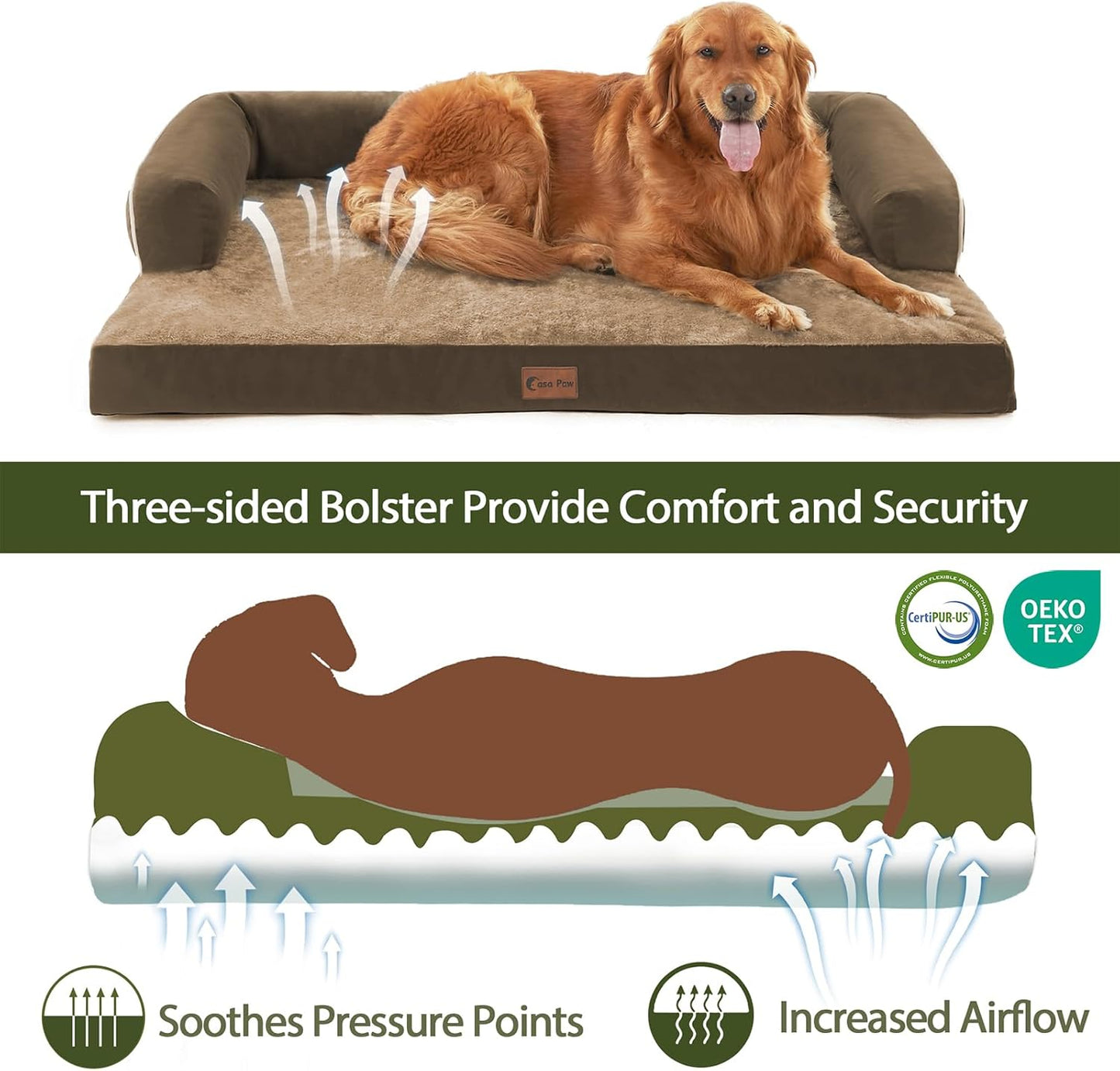 XXL Dog Bed with Bolsters, Waterproof Orthopedic Dogs Beds for Extra Large Dogs, Memory Foam XLarge Dog Beds with Removable Washable Cover, Nonskid Bottom (XX-Large,Brown)