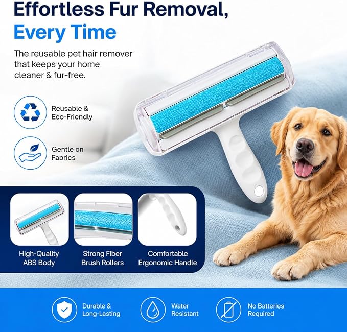 Pet Hair Remover for Dogs & Cats - Reusable Lint Roller & Hair Remover Tool for Couch, Carpet, Furniture, Bedding & Car Seats - Portable & Easy Clean Pet Fur Remover Roller for Home & Travel (Blue)