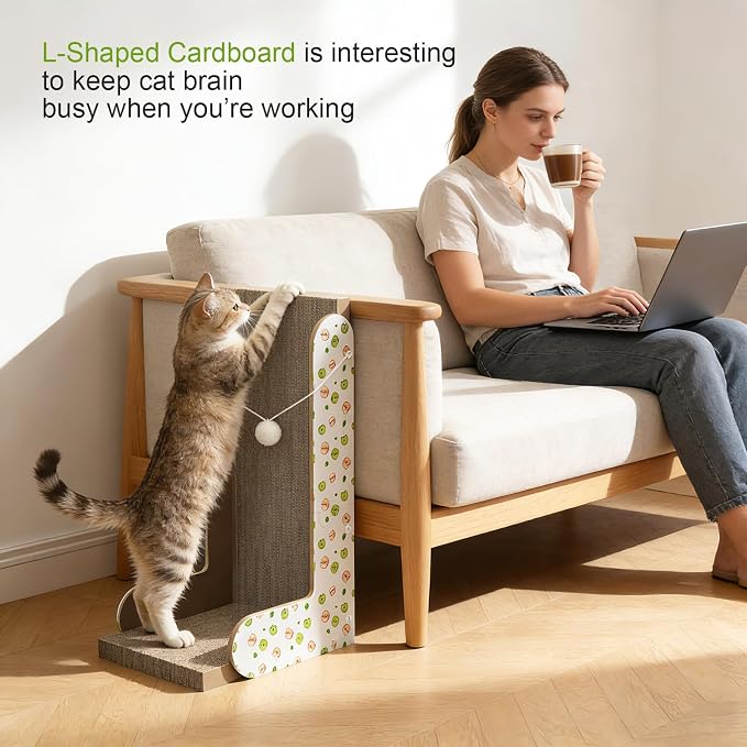 TIMHAKA Cat Scratcher, Large L-Shaped Cat Scratching Board for Indoor Cats, Double-Sided Cardboard Cat Scratcher with Ball Toy & Catnip, Vertical Cat Cat Scratcher Pad Wall Mounted, Big Size
