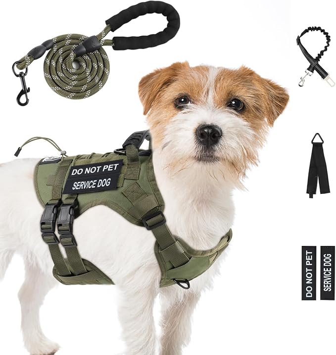 No Pull Tactical Dog Harness Small Sized Dog, Service Dog Vest, S, Green | Tactical Dog Vest Harness and Leash Set, Adjustable Military Service Dog Harness with Handle for Medium Large Dogs