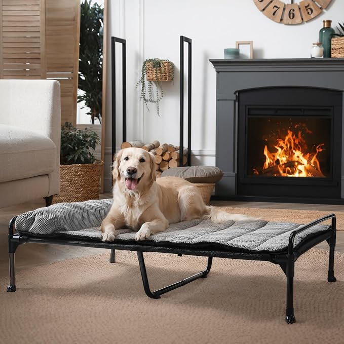 Veehoo Elevated Raised Dog Bed+Removable Padded Bolster-Cooling Outdoor Indoor Dog Cot Bed with Railing for Large Sized Dogs, Pet Cot Dog Hammock Bed Elevated Dog Couch Ded with Bolster-53 x 33"
