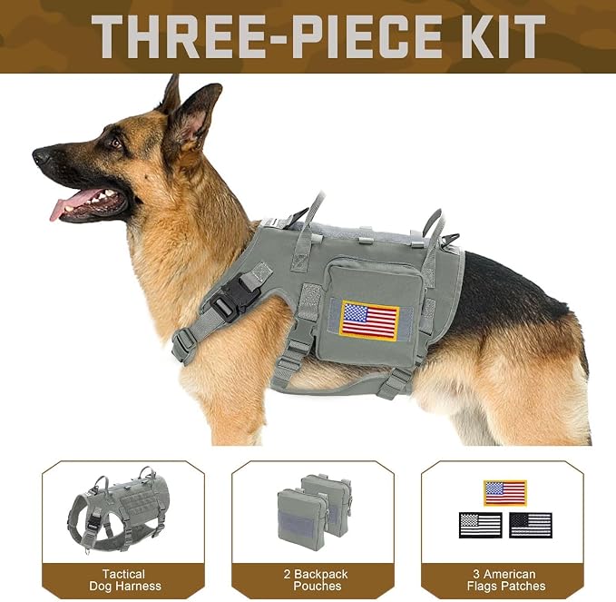 Forestpaw Tactical Dog Harness Pouches and Patches Set,L,Gray | Adjustable Fits 27-40" Chest,70-140 lbs,No Pull Military Style Service Dog Vest for Daily Walking Training,Medium Large Dogs