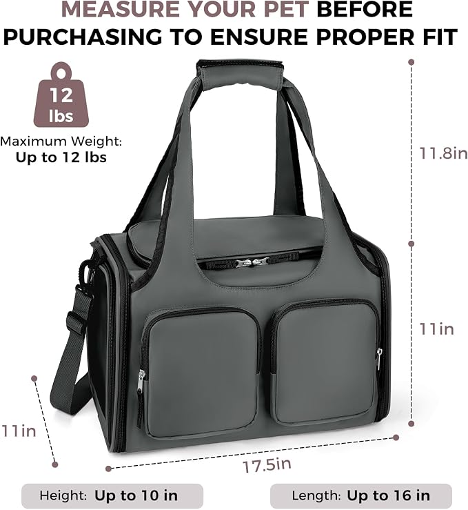 Dog, Cat Carrier for Pets Up to 12 Lbs, Airline Approved Collapsible Soft-Sided Pet Travel Bag with Locking Zippers, Breathable Mesh and 4 Large Pockets, Removable Fleece Pad (Dark Grey)