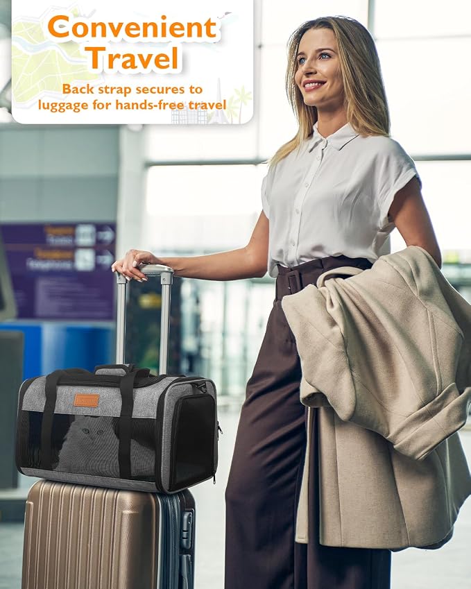 PETUX Airline Approved Pet Carrier for Small Cats up to 12 lb, 17x11x9.5 in | Underseat, Top & Side Entry, TSA‑Friendly, Soft Sided Cat Carrier with Breathable Anti-Scratch Mesh for Travel & Vet, Grey