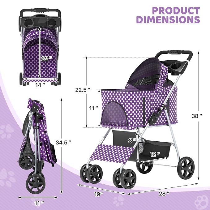 Magshion Foldable Pet Stroller, 3-in-1 Dog Travel Jogger with Detachable Carrier, Cup Holder, Storage Basket, Folding Carrier for Small/Medium Dogs & Cats Up to 33 lbs, Purple Polka Dots