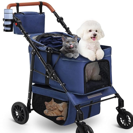 All-Terrain Pet Stroller for 2 Small Dogs/Cats, Heavy Duty 4-Wheel Dog Stroller for Medium Dogs up to 20 lbs, Foldable Pet Pram with Storage Basket, Cup Holder, Adjustable Handle & Weatherproof Cover