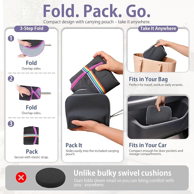 Fold & Turn Swivel Seat Cushion – Portable 360° Rotating Chair Pad with Non-Slip Base, Foldable Quilted Cotton Seat for Car, Home & Office, Compact Travel Design, Supports up to 330 lbs