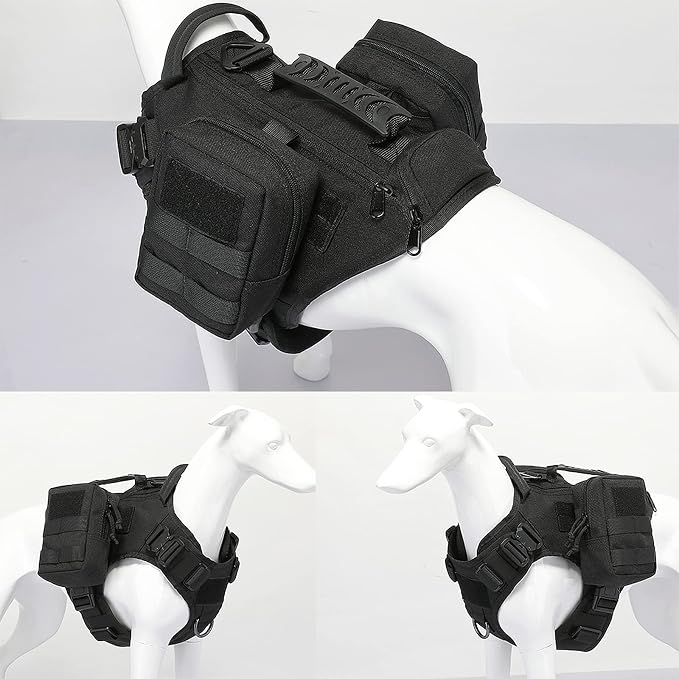 Tactical Dog Backpack Harness for Large Breed Original Design Metal Buckle Vest with Side Bags Pouches for Service Working Training (Black (with 2 Pouches), M)