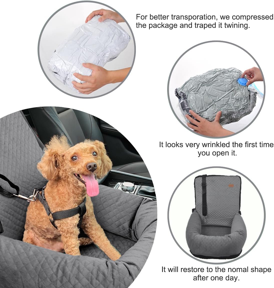 Dog Car Seat for Small Medium Dogs Up to 40lbs, Detachable Washable Soft Pet Booster Travel Bed for Front & Gray Seat with Safety Leash Belt