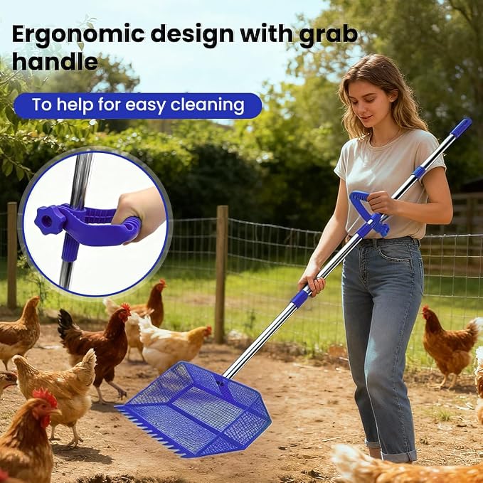 2026 Latest 12inch 2-in-1 Chicken Poop Scooper & Rake with Handle, Heavy-Duty Metal Chicken Coop Scoop for Sand Sifting Shovel Litter Scooper for Farm House Chicken Coop Cleaning Tools Accessories