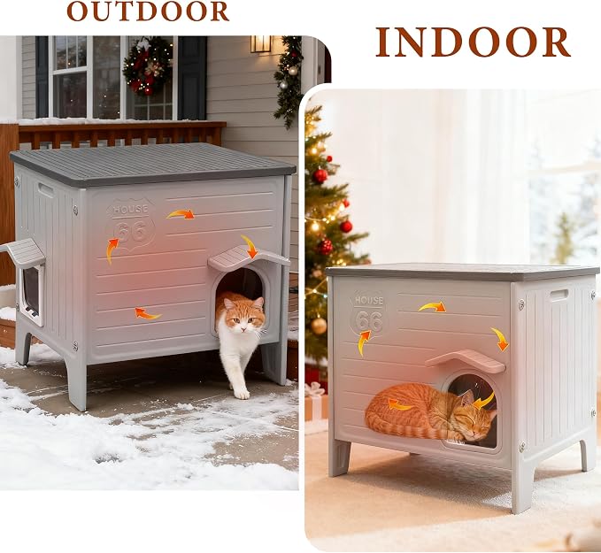 Insulated Cat House Outdoor, Large Plastic Cat Shelter Outside for Winter | Weatherproof, with Escape Door, Plastic Insulated Cats House Indoor Outdoor