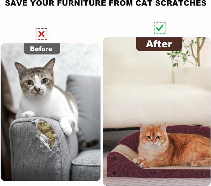 21" Cat Scratcher Bed, Scratcher Couch for Indoor Cats, Cardboard Scratcher Sofa, Durable Scratch Pad with Ball, Furniture Protector (Brown, Medium)