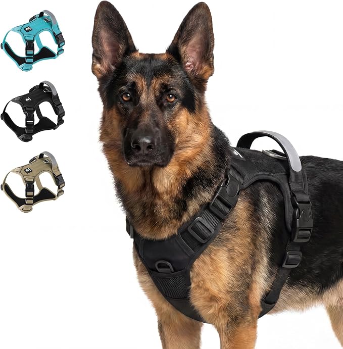 Heavy Duty Dog Harness for X-Large Dogs, No Pull Tactical Reflective Vest | 3 Point Locking Buckles, Dual Leash Clips, Handle, Reflective Strips, Hook & Loop Panel, Metal D Ring, Adjustable (Black)