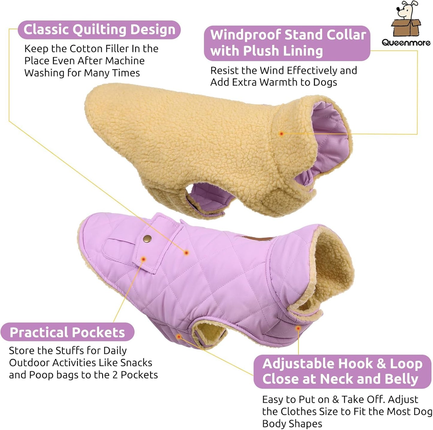 Queenmore Warm Dog Coat, Cold Weather Puffer Dog Coat Vest, Quilting Winter Pet Jacket Ultra Thick Plush Fleece Lining Pet Clothes for Dogs with Storage Pockets (Lilac,X-Large)