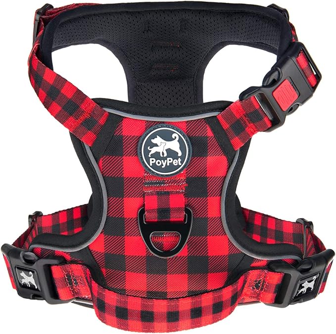 PoyPet Plaid Dog Harness Large, No Pull Vest with Front Clip & Neck Buckle | Padded Handle, Reflective, No Choke, Lockable, 2 Leash Rings, Full Adjustable, for Training Walking, L, Checkered Red