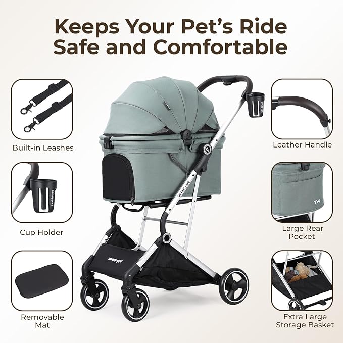 Pet Stroller Dog Cat Stroller for Small Medium Dogs Cats, 4 Wheels Travel Folding Carrier Waterproof Puppy Stroller with Pad, Canopy and Cup Holder, Green