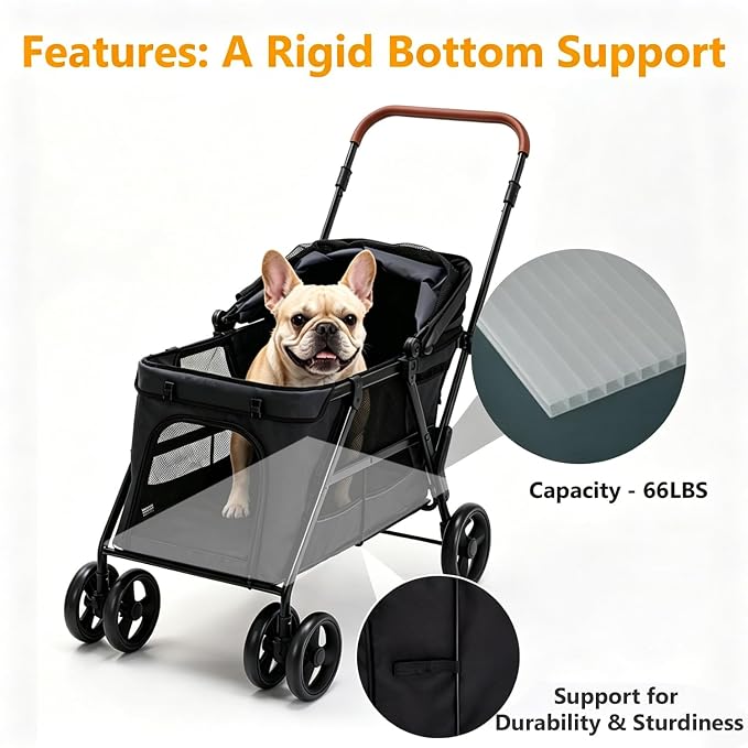 Dog Stroller for Large & Medium Dogs, Foldable Pet Stroller for 2 Small Dogs Up to 66lbs, with All-Terrain Wheels, Breathable Mesh Ventilation & Storage Pocket (Black)