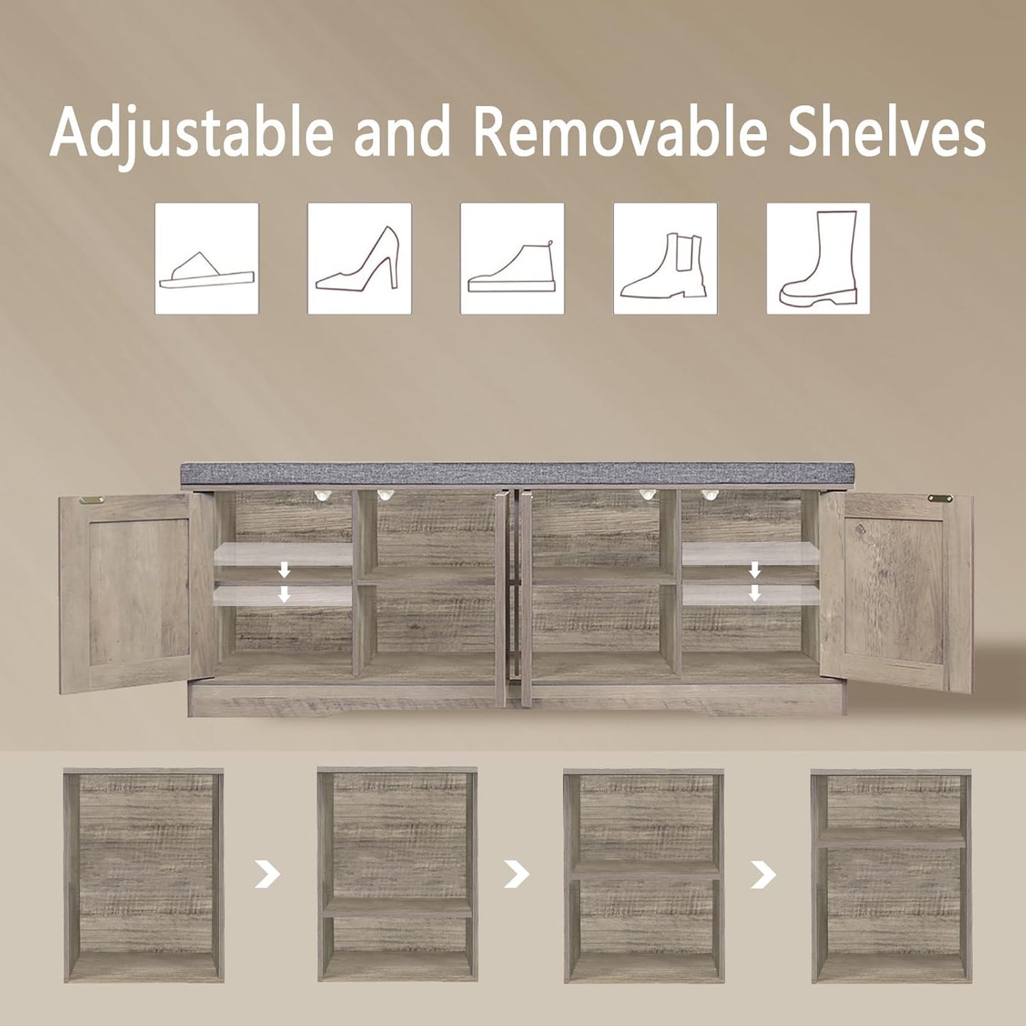 DINZI LVJ Shoe Bench, Entryway Storage Bench with Doors, Cushion, 2-Tier Shoe Rack with 8-Cubby, 47.2”L x 13.8”W Shoe Organizer Cabinet, Adjustable Shelf, Living Room, Bedroom, Gray Wash