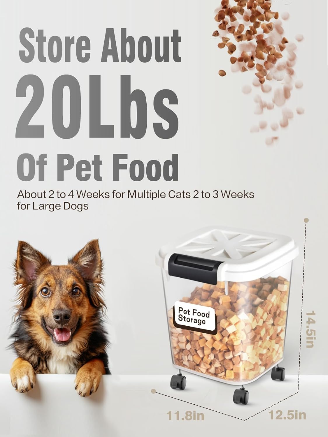 Large Rice Storage Container 30 lbs, Airtight Pet/Cat Treat Storage Bin with Lids, Attachable Wheels, Great for Flour & Rice, Easy Mobility, BPA Free, White