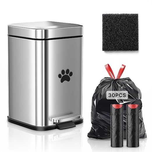 Small Dog Poop Trash Can Outside with Odor Control Lid, 5L/1.3Gal Metal Step Pedal Waste Bin & Removable Inner Bucket, Includes 30 Trash Can Bags, Indoor/Outdoor/Yard Dog Waste Trash Can (Silver)