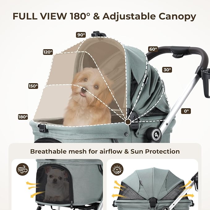 Pet Stroller Dog Cat Stroller for Small Medium Dogs Cats, 4 Wheels Travel Folding Carrier Waterproof Puppy Stroller with Pad, Canopy and Cup Holder, Green